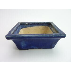 Vintage Small Bonsai Ceramic Planter Pot Handmade Blue Glaze